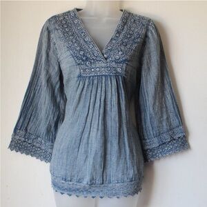 Rachel Zoe Embroidered Chambray Peasant Top Sz L